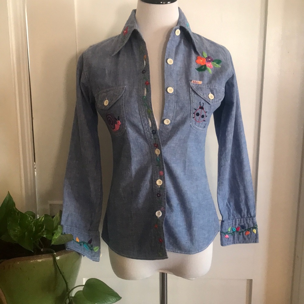 Vintage 1970’s Chambray embroidered top